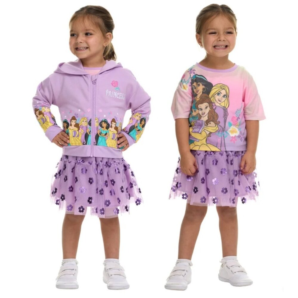 NWT Disney Princes Girls' 3-piece Tutu Set, full-zip hoodie, tee, & tutu skirt